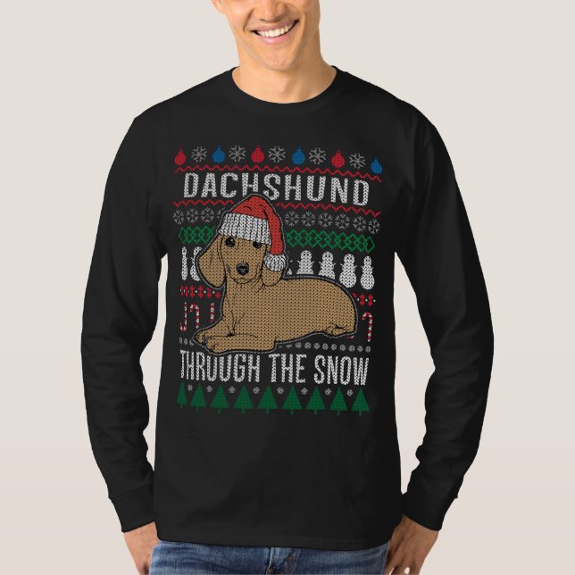 T-shirt Dachshund À Travers Le Chandail De Noël Laide Neig (Devant)