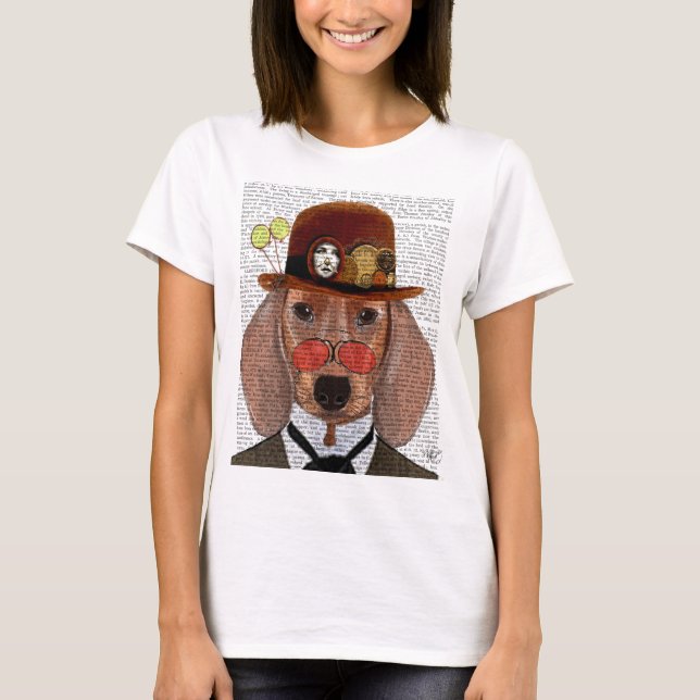 T-shirt Dachshund avec Casquette Bowler Steampunk (Devant)