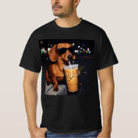 Dachshund buvant un café glacé