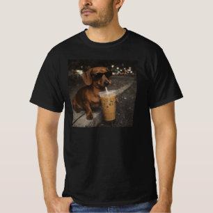 T-shirt Dachshund buvant un café glacé Mème de chien drôle