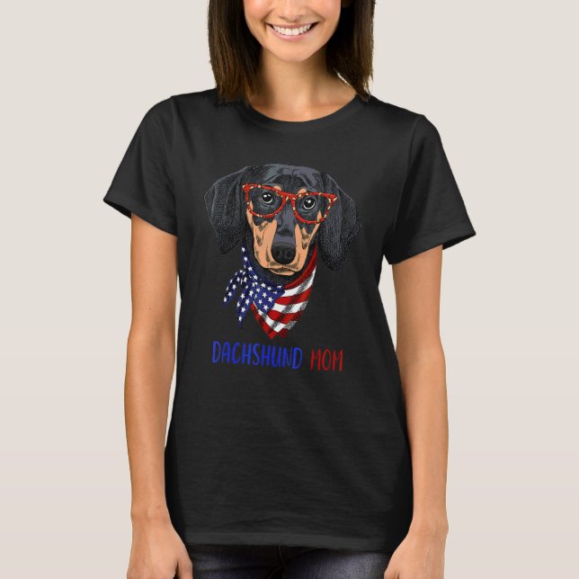 T-shirt Dachshund Chien Maman Léopard Lunettes Usa Drapeau (Devant)