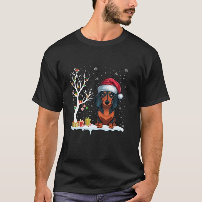 T-shirt Dachshund Chien Santa Hat Festive Tree Light Chris (Devant)