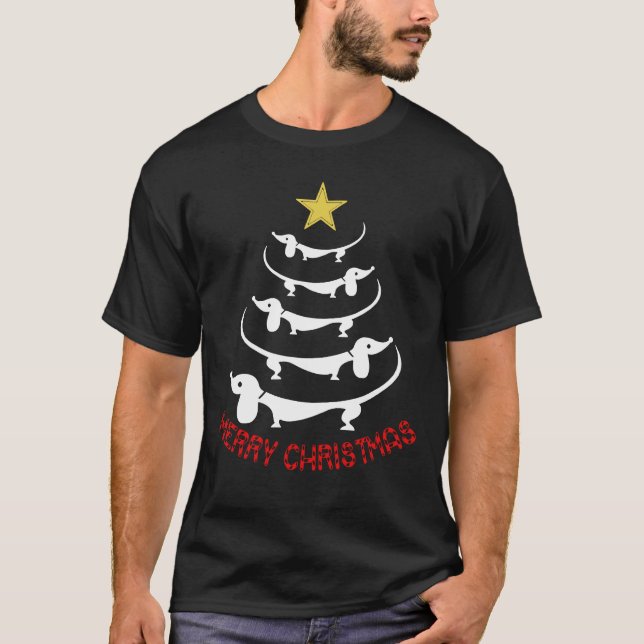 T-shirt Dachshund Christmas Trees Blue Green Friend (Devant)