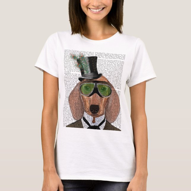 T-shirt Dachshund Green Gogges Top Hat (Devant)