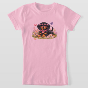 T-Shirt Dachshund Mignon au Printemps dans des Champs de F