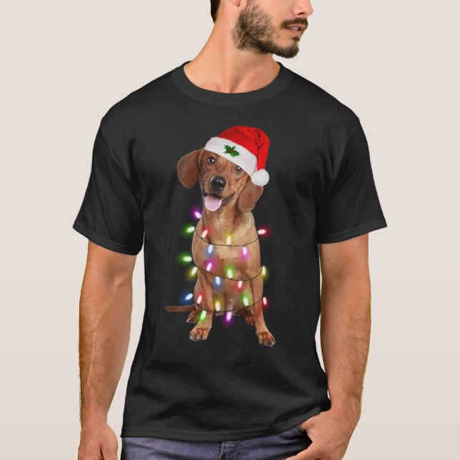 T-shirt Dachshund Santa Christmas Tree Lights Xmas (Devant)