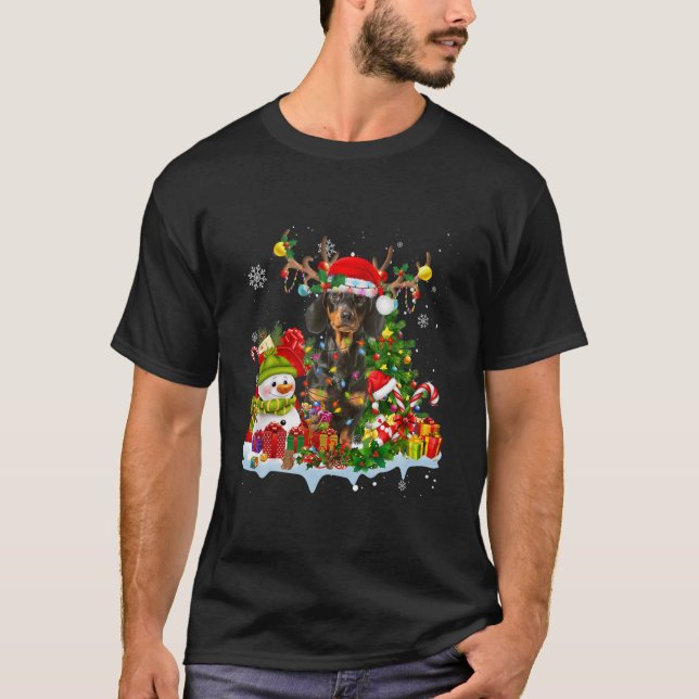 T-shirt Dachshund Santa Hat Reindeer lumières de Noël (Devant)