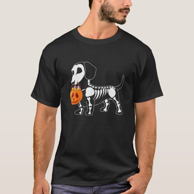 T-shirt Dachshund Skeleton Halloween (Devant)