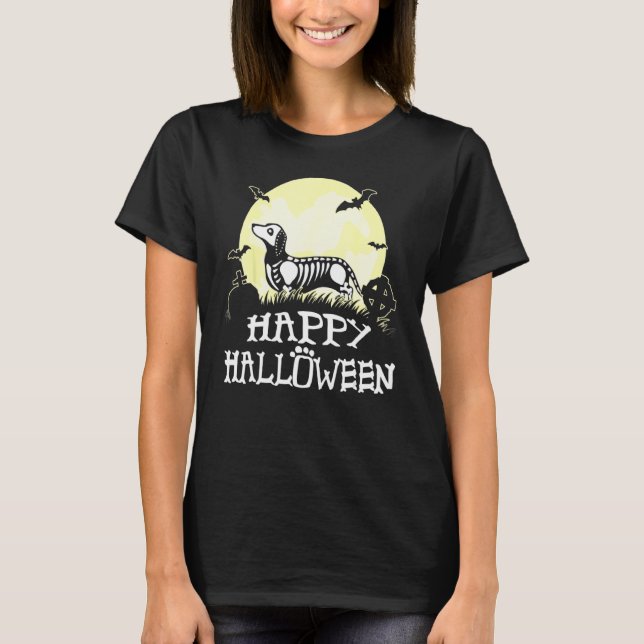 T-shirt Dachshund Skeleton Halloween Citrouille heureux (Devant)