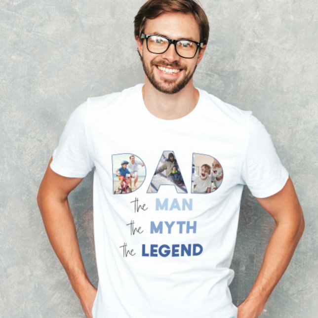 T-shirt DAD Myth Homme Légende Blue Gradient Photo (Easily personalize this DAD the Man tee with your photos for a unique Father's Day gift)