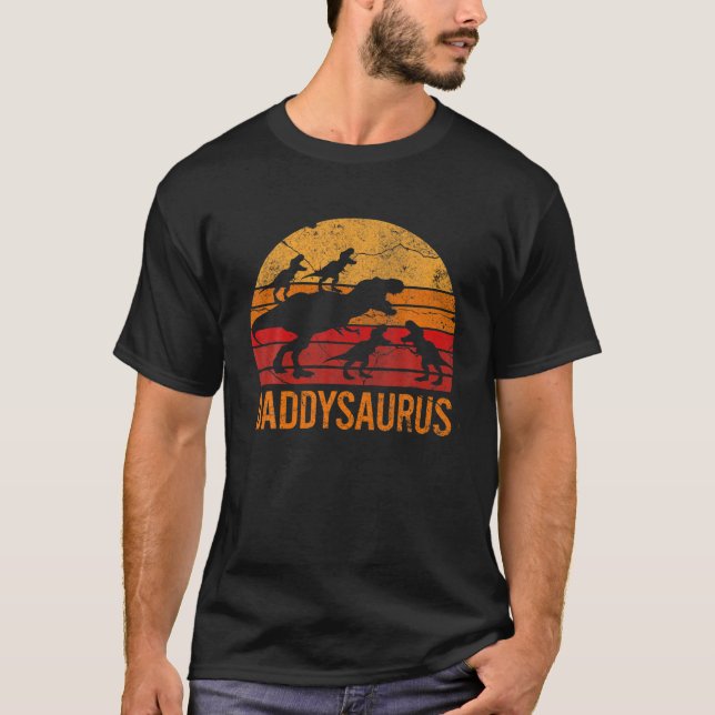 T-shirt Daddysaurus Daddy Dinosaur Quatre Enfants Fête des (Devant)