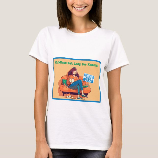T-shirt Dame de chat sans enfant pour Harris/Walz (Devant)