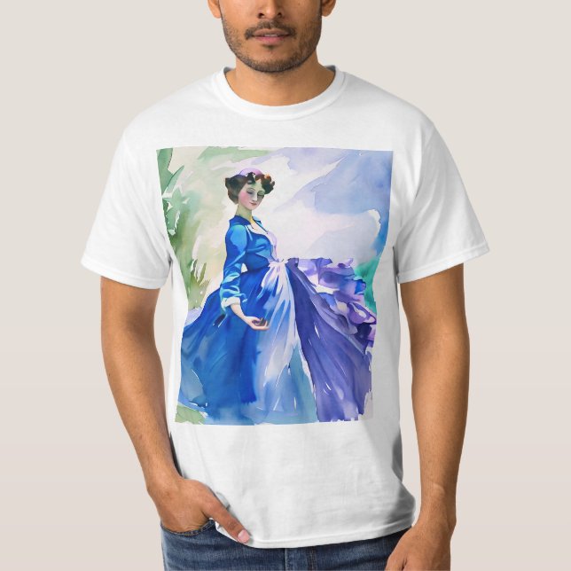 T-shirt Dame en Robe Bleue - Peinture aquarelle (Devant)