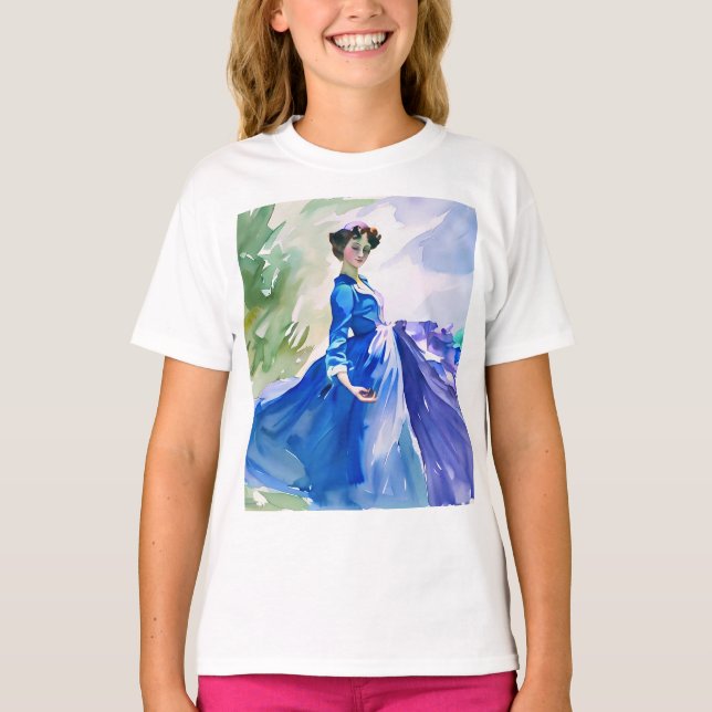 T-shirt Dame en Robe Bleue - Peinture aquarelle (Devant)
