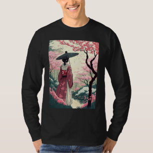 T-shirt Dame japonaise avec cerise parapluie Jardin en fle