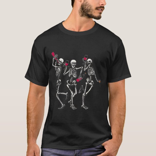 T-shirt Dancing Skeletons Drinking Wine Lover Funny Hallow (Devant)
