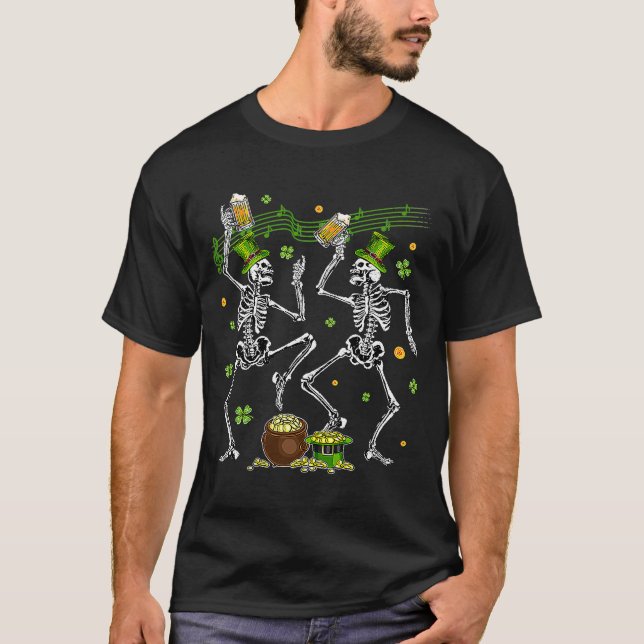 T-shirt Dancing Skeletons Leprechaun Boire Beer St Part (Devant)