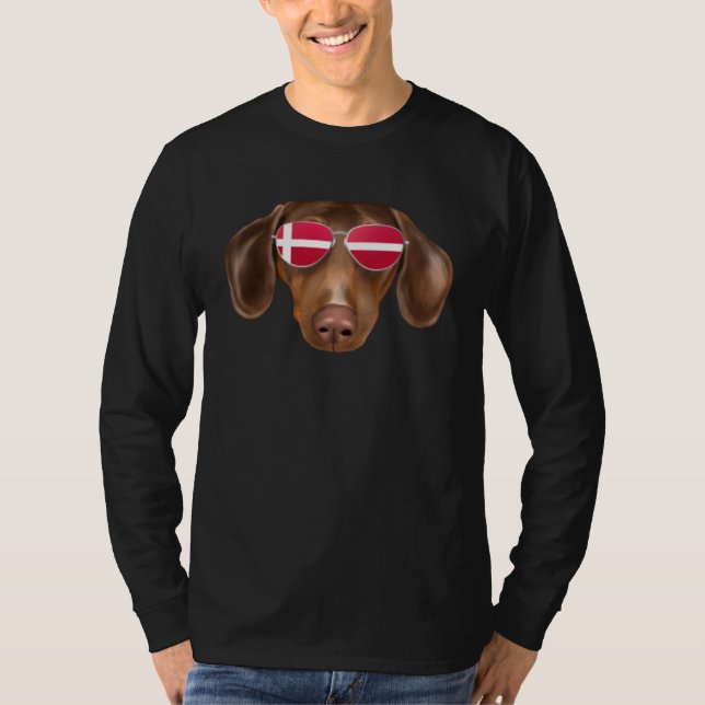 T-shirt Danish Flag Brown Dachshund Dog Denmark Pocket (Devant)