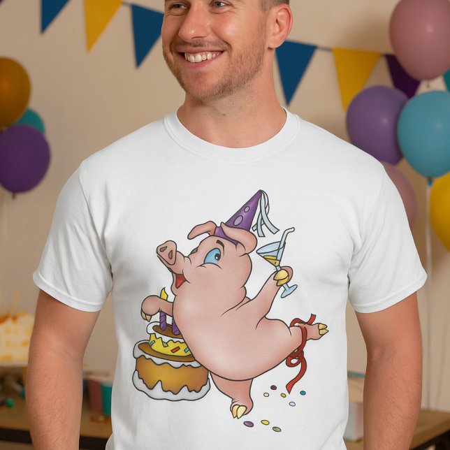 T-shirt Danse Anniversaire Cochon avec gâteau et cocktail (Créateur téléchargé)