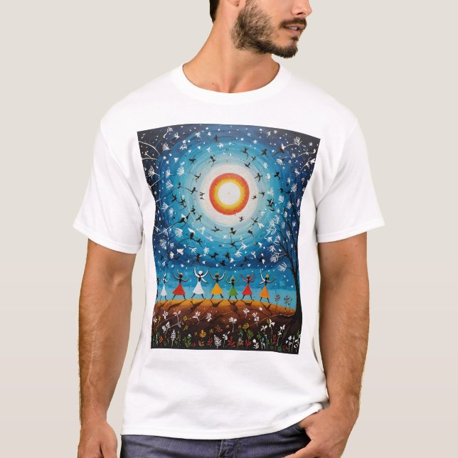 T-shirt Danse cosmique - Paysage surréaliste Warli (Devant)