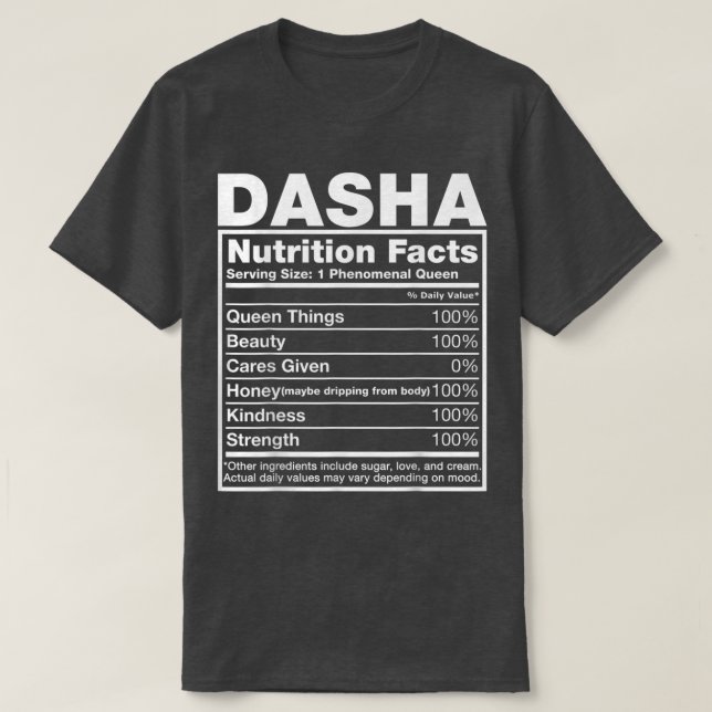 T-shirt Dasha Nutrition FactsDasha Name Birthday  (Design devant)
