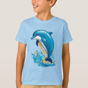 T-shirt Dauphin Bleu Bondissant Au-Dessus Des Vagues De L'