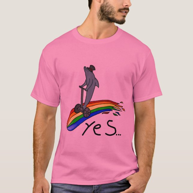 T-shirt Dauphin sur un Segway sur un arc-en-ciel OUI (Devant)