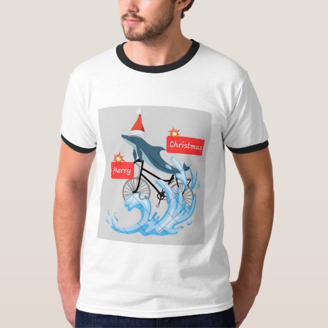 T-shirt Dauphin Whimsical sur vélo Joyeux thé de Noël" (Devant)