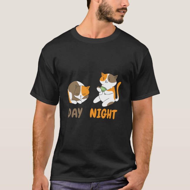 T-shirt day night cats playing video games (Devant)