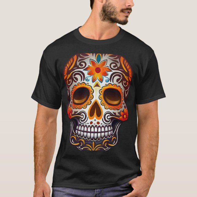 T-shirt Day Of Dead Sugar Skull Floral Skeleton Head Bone  (Devant)