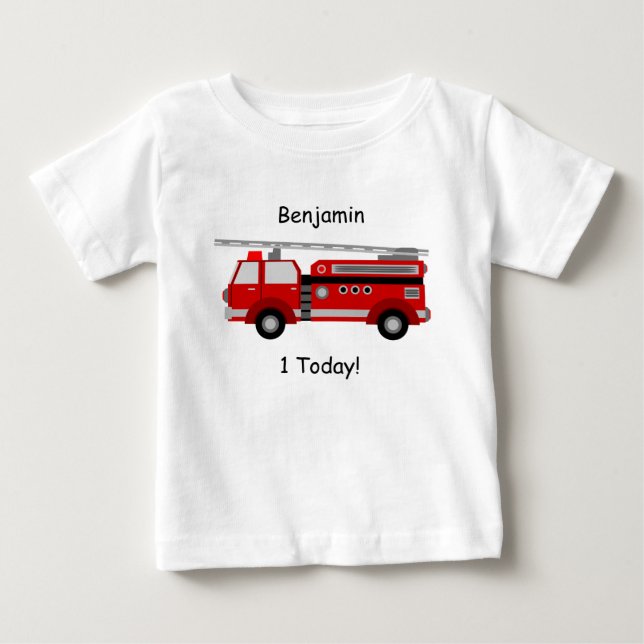 T-shirt de bébé avec le camion de pompiers, le nom (Devant)