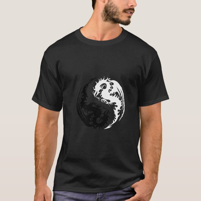 T-shirt de dragon de Yin Yang noir et blanc (Devant)