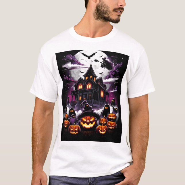 T-shirt de la maison d'Halloween - sorcière, fantô (Devant)