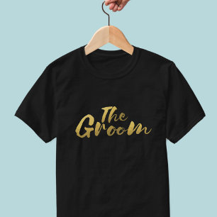 T-Shirt de mariage noir à écriture Gold Brush pour