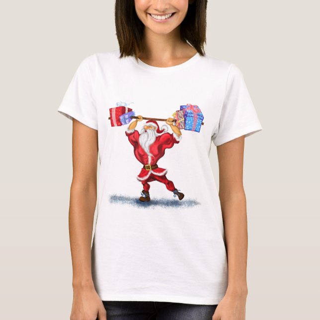 T-shirt de Noël Bodybuilder Père Noël avec cadeaux (Devant)