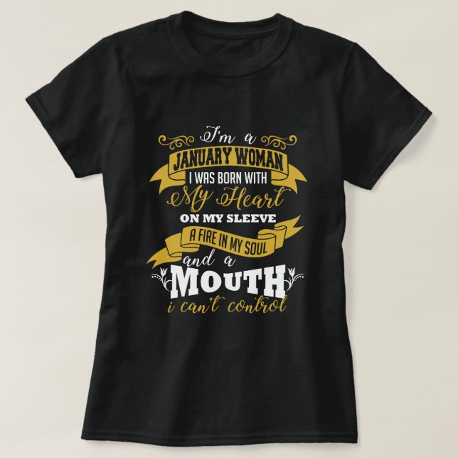 T-shirt de noir d'anniversaire de femme de janvier (Design devant)