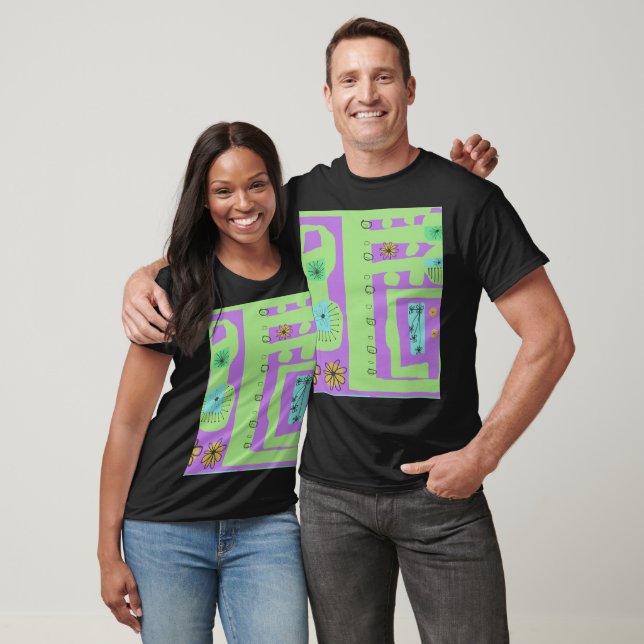 T-shirt Décal Floral Ethnic Print Green Purple Black (Unisexe)