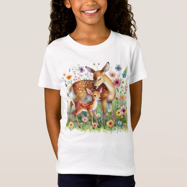 T-Shirt Deer et Fawn debout dans les enfants Fleur sauvage (Devant)