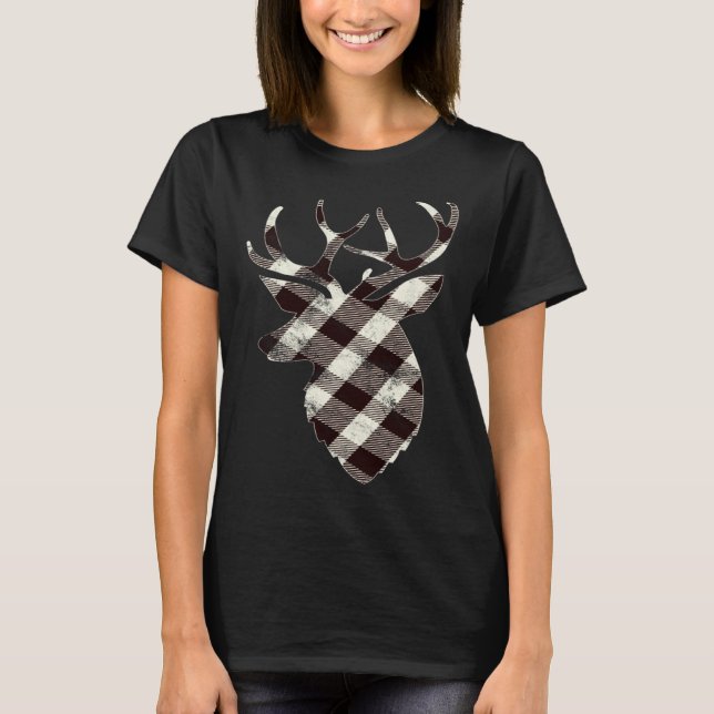 T-shirt Deer Head Silhouette  White Buffalo Plaid Christma (Devant)