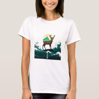 T-shirt Deer Wave Art - Ukiyo-e Moonlight Design
