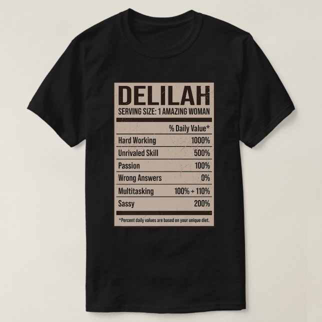 T-shirt Delilah Nutrition Facts Nom Nicks Alias Title (Design devant)