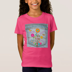 T-Shirt Denim Back Fleurs de poche Paix Aimer Espoir