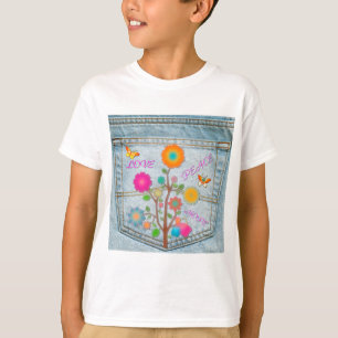 T-shirt Denim Back Fleurs de poche Paix Aimer Espoir