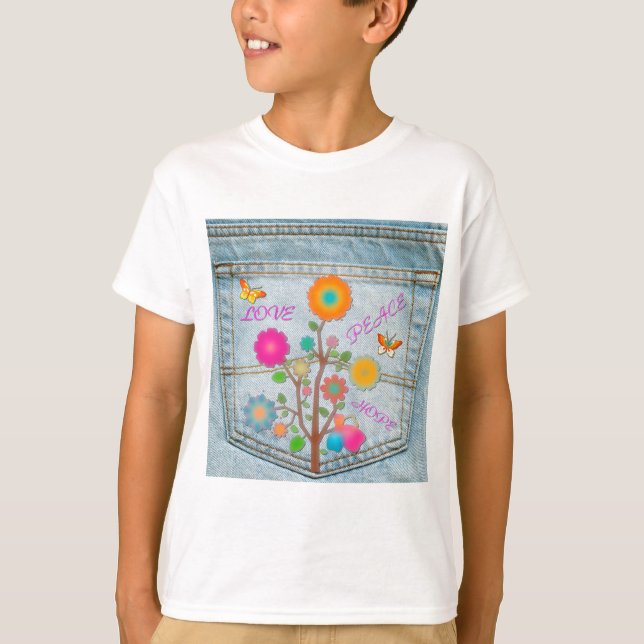 T-shirt Denim Back Fleurs de poche Paix Aimer Espoir (Devant)