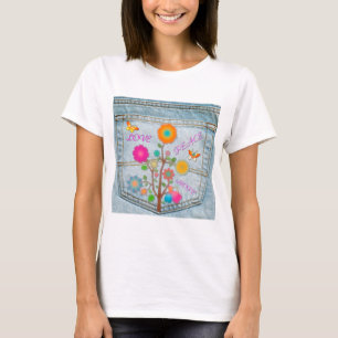 T-shirt Denim Back Fleurs de poche Paix Aimer Espoir