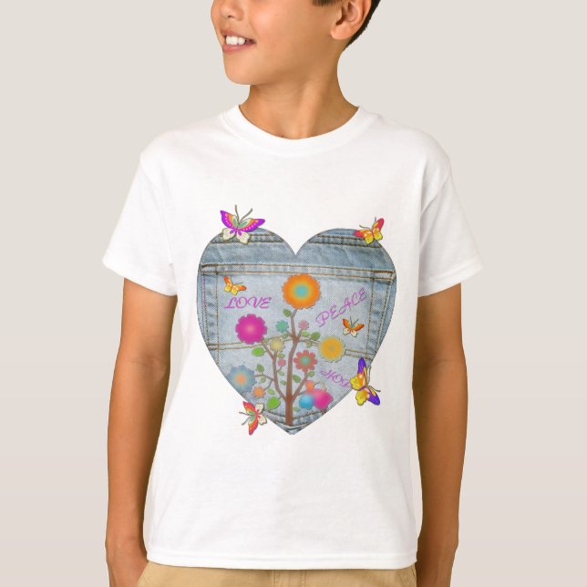 T-shirt Denim Pocket Fleurs cardiaques Papillons (Devant)
