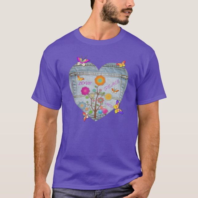 T-shirt Denim Pocket Heart Flowers Butterflies (Devant)