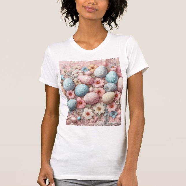 T-shirt Dentelle florale rose pastel OEufs de Pâques et fl (Devant)