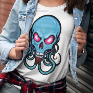 T-shirt Déplaisant bleu gothique stylisé Tentacle Skull Li