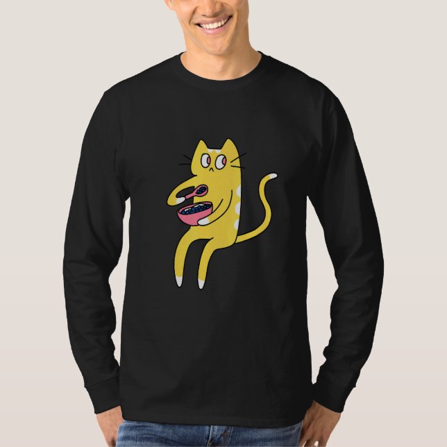 T-shirt Derpy Kitty Yellow and White Cat Eating Cereal (Devant)